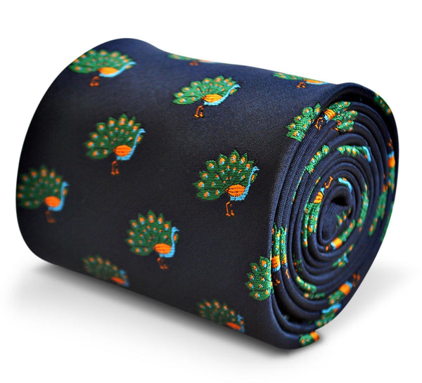 navy tie with peacock (fanned tail) design